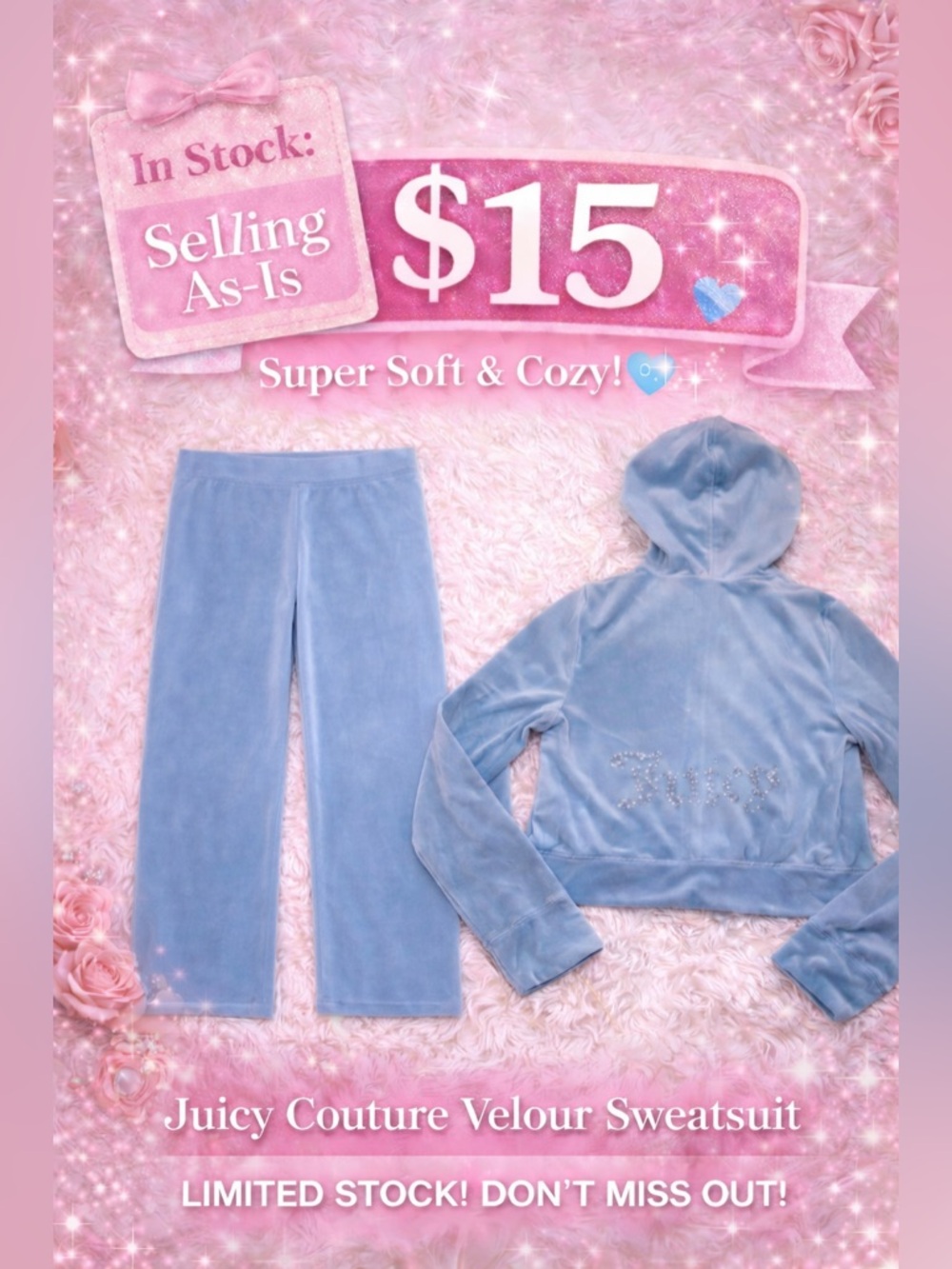 Juicy Couture Baby Blue Velour Tracksuit Set 💎 Rhinestone Logo • Size XL